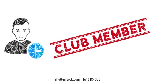 Icono de tiempo de usuario mosaico y sello de socio de club rojo entre líneas paralelas dobles. Icono de mosaico de tiempo de usuario de vectores planos de elementos rectangulares rotados aleatoriamente.