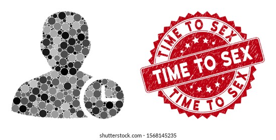 Mosaic user time and rubber stamp seal with Time to Sex caption. Mosaic vector is designed with user time icon and with randomized circle items. Time to Sex stamp seal uses red color,