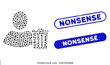 Mosaic user trash and corroded stamp seals with Nonsense text. Mosaic vector user trash is designed with scattered ellipse dots. Nonsense stamp seals use blue color, and have round rectangle shape.