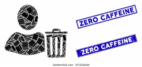 Mosaic user trash pictogram and rectangular Zero Caffeine seal stamps. Flat vector user trash mosaic pictogram of scattered rotated rectangular items.