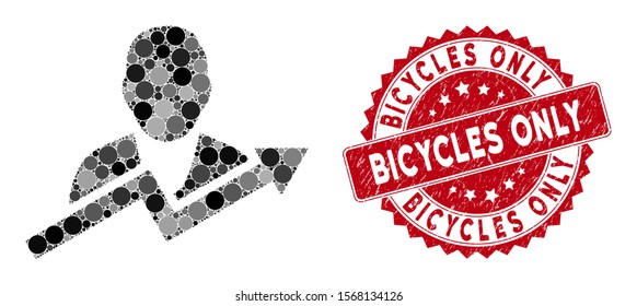 Mosaic user trend and distressed stamp watermark with Bicycles Only text. Mosaic vector is created with user trend icon and with random circle elements. Bicycles Only stamp uses red color,