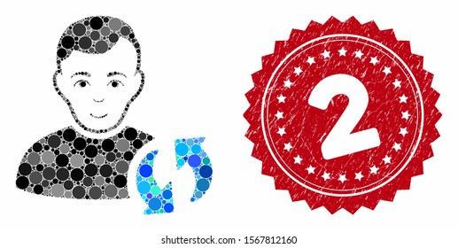Mosaic user update and rubber stamp watermark with 2 phrase. Mosaic vector is created with user update icon and with scattered round items. 2 stamp uses red color, and grunge design.