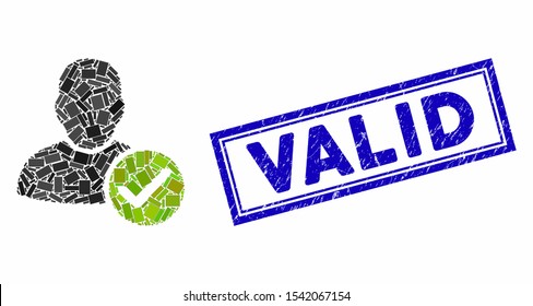 Mosaic user valid and corroded stamp seal with Valid text. Mosaic vector user valid is formed with randomized rectangles. Valid stamp uses blue color.