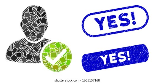 Mosaic user valid and distressed stamp watermarks with Yes! caption. Mosaic vector user valid is created with random rectangle items. Yes! stamp seals use blue color, and have round rectangle shape.