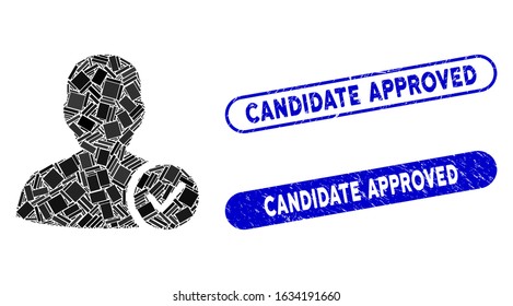 Mosaic user valid and rubber stamp seals with Candidate Approved phrase. Mosaic vector user valid is formed with scattered rectangle items. Candidate Approved seals use blue color,