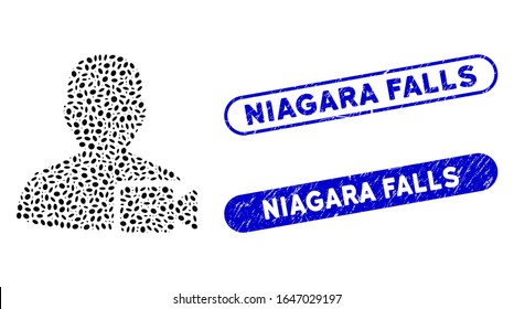 Mosaic user video and corroded stamp seals with Niagara Falls text. Mosaic vector user video is composed with scattered ellipse pieces. Niagara Falls stamp seals use blue color,