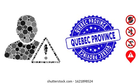 Mosaic user warning icon and rubber stamp watermark with Quebec Province text. Mosaic vector is created with user warning icon and with randomized round elements.