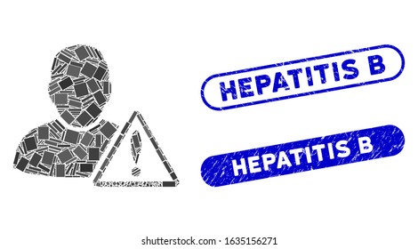 Mosaic user warning and rubber stamp seals with Hepatitis B text. Mosaic vector user warning is formed with randomized rectangles. Hepatitis B stamp seals use blue color,