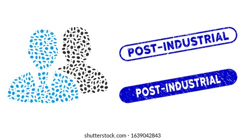 Mosaic users and corroded stamp seals with Post-Industrial text. Mosaic vector users is composed with randomized elliptic dots. Post-Industrial stamp seals use blue color,