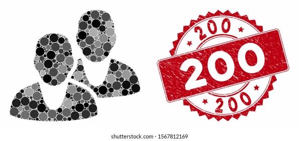 Mosaic users and corroded stamp watermark with 200 text. Mosaic vector is created with users icon and with scattered spheric items. 200 stamp uses red color, and dirty texture.
