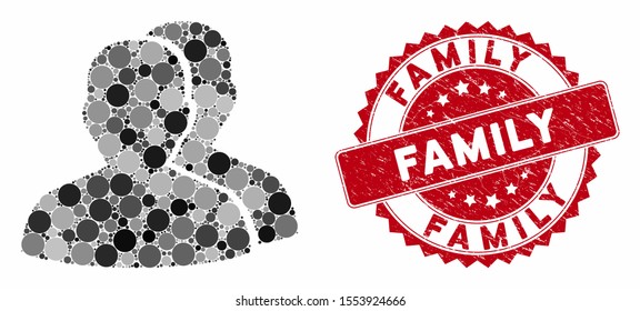 Mosaic users and grunge stamp watermark with Family text. Mosaic vector is composed with users icon and with randomized spheric elements. Family stamp uses red color, and grunge surface.