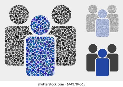 Mosaic Users icon designed from spheric and square items in random sizes, positions and proportions. Vector round and square items are grouped into abstract puzzle users icons.