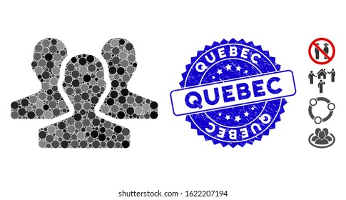 Mosaic users icon and grunge stamp seal with Quebec text. Mosaic vector is created from users icon and with random circle spots. Quebec stamp seal uses blue color, and grunge surface.