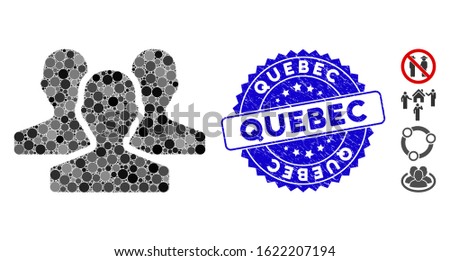 Mosaic users icon and grunge stamp seal with Quebec text. Mosaic vector is created from users icon and with random circle spots. Quebec stamp seal uses blue color, and grunge surface.