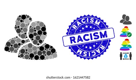 Mosaic users icon and rubber stamp seal with Racism caption. Mosaic vector is designed from users icon and with randomized circle spots.  