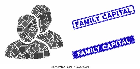 Mosaic users pictogram and rectangle seal stamps. Flat vector users mosaic pictogram of scattered rotated rectangle elements. Blue caption rubber seals with rubber textures.