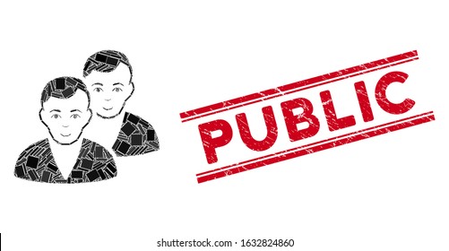 Mosaic users pictogram and red Public seal between double parallel lines. Flat vector users mosaic pictogram of scattered rotated rectangular items. Red Public seal with dirty surface.