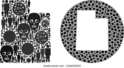 Mosaic Utah State Map Designed From Virus Icons And Population And Skull Icons. Pandemic Virus Utah State Map Collage Designed With Sphere And Subtracted Shape.