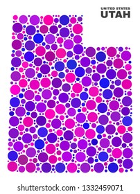 Mosaic Utah State map isolated on a white background. Vector geographic abstraction in pink and violet colors. Mosaic of Utah State map combined of scattered round items.