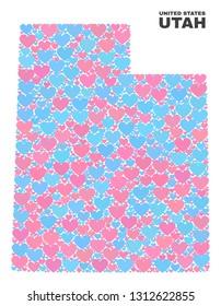 Mosaic Utah State map of love hearts in pink and blue colors isolated on a white background. Lovely heart collage in shape of Utah State map. Abstract design for Valentine illustrations.