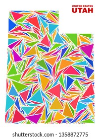 Mosaic Utah State map of triangles in bright colors isolated on a white background. Triangular collage in shape of Utah State map. Abstract design for patriotic decoration.