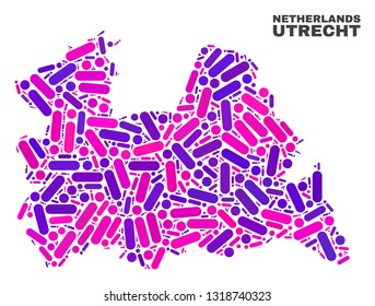 Mosaic Utrecht Province map isolated on a white background. Vector geographic abstraction in pink and violet colors. Mosaic of Utrecht Province map combined of random round dots and lines.
