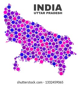Mosaic Uttar Pradesh State map isolated on a white background. Vector geographic abstraction in pink and violet colors. Mosaic of Uttar Pradesh State map combined of random round items.