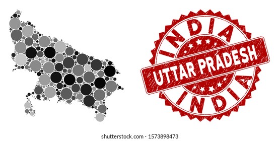 Mosaic Uttar Pradesh State map and round seal. Flat vector Uttar Pradesh State map mosaic of random round items. Red rubber seal with distress texture. Designed for political and patriotic agitation.