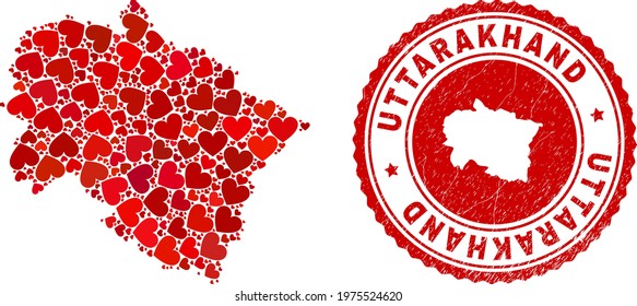 Mosaic Uttarakhand State map created with red love hearts, and rubber seal stamp. Vector lovely round red rubber seal imitation with Uttarakhand State map inside.