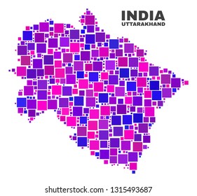Mosaic Uttarakhand State map isolated on a white background. Vector geographic abstraction in pink and violet colors. Mosaic of Uttarakhand State map combined of random square items.