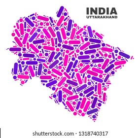 Mosaic Uttarakhand State map isolated on a white background. Vector geographic abstraction in pink and violet colors. Mosaic of Uttarakhand State map combined of random circle dots and lines.