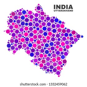 Mosaic Uttarakhand State map isolated on a white background. Vector geographic abstraction in pink and violet colors. Mosaic of Uttarakhand State map combined of random circle items.