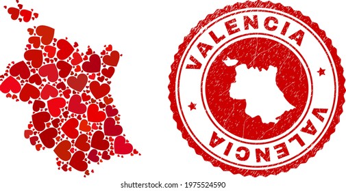 Mosaic Valencia Province map composed with red love hearts, and rubber badge. Vector lovely round red rubber badge imitation with Valencia Province map inside.