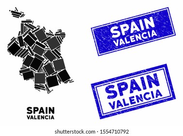 Mosaic Valencia Province map and rectangle seal stamps. Flat vector Valencia Province map mosaic of randomized rotated rectangular elements. Blue caption seal stamps with corroded textures.
