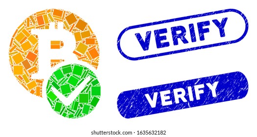 Mosaic valid Bitcoin and distressed stamp seals with Verify phrase. Mosaic vector valid Bitcoin is composed with randomized rectangle items. Verify stamp seals use blue color,