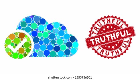 Mosaic valid cloud and distressed stamp watermark with Truthful text. Mosaic vector is created with valid cloud icon and with random round spots. Truthful stamp uses red color, and scratched texture.