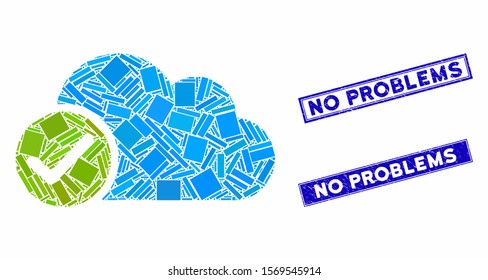 Mosaic valid cloud icon and rectangular seals. Flat vector valid cloud mosaic icon of random rotated rectangular items. Blue caption rubber seals with distress surface.