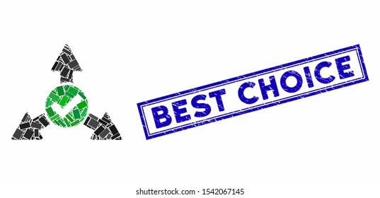Mosaic valid directions and grunge stamp watermark with Best Choice text. Mosaic vector valid directions is formed with random rectangles. Best Choice stamp uses blue color.