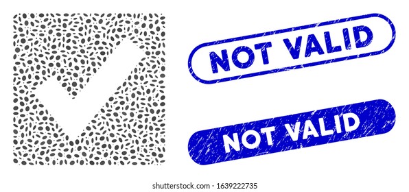 Mosaic valid and distressed stamp seals with Not Valid text. Mosaic vector valid is created with randomized ellipse items. Not Valid stamp seals use blue color, and have round rectangle shape.