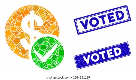Mosaic valid dollar coin icon and rectangle Voted rubber prints. Flat vector valid dollar coin mosaic icon of random rotated rectangle items. Blue Voted rubber seals with distress surface.