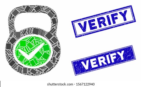 Mosaic valid iron weight icon and rectangular watermarks. Flat vector valid iron weight mosaic icon of scattered rotated rectangular elements. Blue caption watermarks with grunge textures.