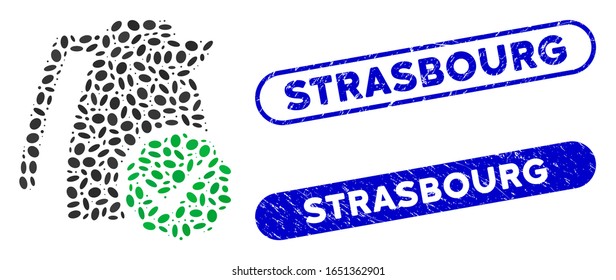 Mosaic valid kettle and rubber stamp seals with Strasbourg caption. Mosaic vector valid kettle is formed with random elliptic dots. Strasbourg stamp seals use blue color,