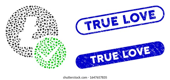 Mosaic valid Litecoin and rubber stamp seals with True Love caption. Mosaic vector valid Litecoin is designed with scattered elliptic elements. True Love stamp seals use blue color,