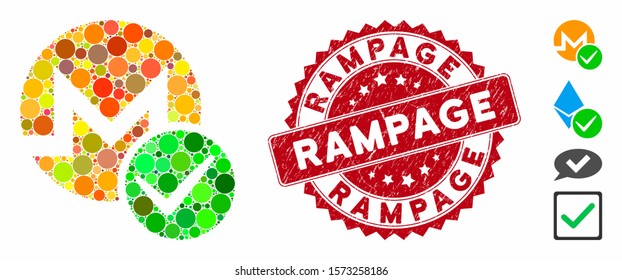 Mosaic valid Monero icon and grunge stamp watermark with Rampage text. Mosaic vector is formed with valid Monero icon and with random spheric items. Rampage stamp uses red color, and distress surface.