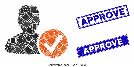 Mosaic valid patient pictogram and rectangular seals. Flat vector valid patient mosaic pictogram of random rotated rectangular elements. Blue caption rubber seals with grunge texture.
