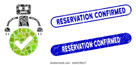 Mosaic valid robot and rubber stamp watermarks with Reservation Confirmed phrase. Mosaic vector valid robot is designed with random rectangle items. Reservation Confirmed stamp seals use blue color,