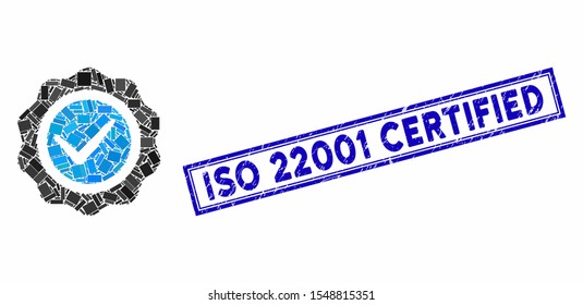 Mosaic valid seal and corroded stamp seal with ISO 22001 Certified caption. Mosaic vector valid seal is created with randomized rectangle items. ISO 22001 Certified stamp seal uses blue color.