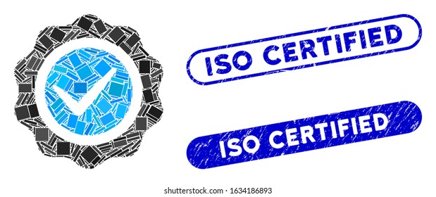 Mosaic valid seal and grunge stamp seals with ISO Certified phrase. Mosaic vector valid seal is formed with randomized rectangle items. ISO Certified stamp seals use blue color,