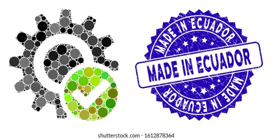 Mosaic valid settings gear icon and corroded stamp seal with Made in Ecuador text. Mosaic vector is composed with valid settings gear pictogram and with randomized spheric items.