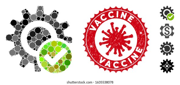Mosaic valid settings gear icon and red round corroded stamp seal with Vaccine text and coronavirus symbol. Mosaic vector is designed from valid settings gear icon and with random round elements.